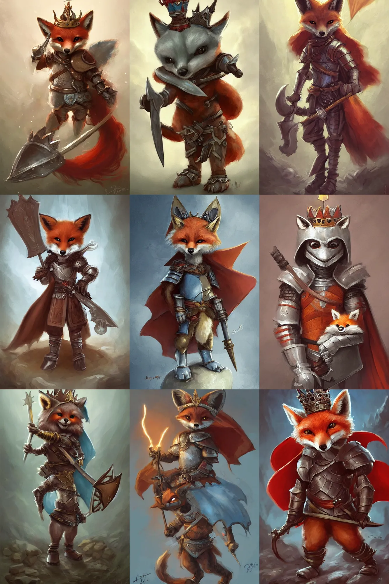 Image similar to cute little anthropomorphic foxy knight wearing a cape and a crown, tiny, small, miniature fox, baby animal, short, pale blue armor, cute and adorable, pretty, beautiful, DnD character art portrait, matte fantasy painting, DeviantArt Artstation, by Jason Felix by Steve Argyle by Tyler Jacobson by Peter Mohrbacher, cinematic lighting