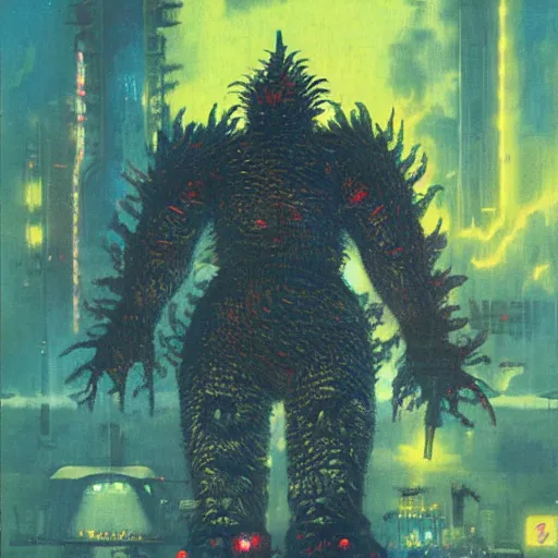 Image similar to a large anthropomorphic godzilla shaped mecha by paul lehr and moebius