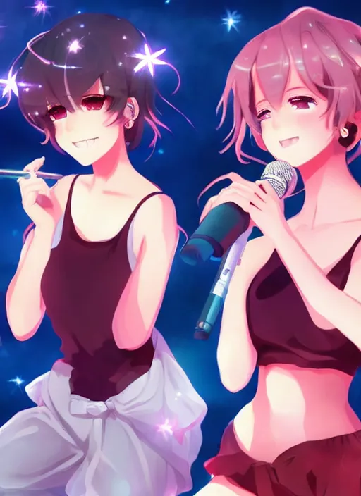 Prompt: two beautiful mature idols performing, short hair, gorgeous faces, smooth, thick lines, cinematic lighting, detailed anime art