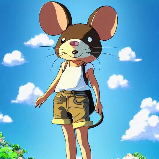 Image similar to in the style of studio ghibli, anthropomorphic mouse, female, wearing denim shorts and tank top, detailed, intricate, aesthetic, artistic, ambient occlusion, volumetric light effect, 8 k resolution