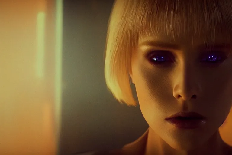 Image similar to a still from bladerunner 2 0 4 9 depicting a medium shot photograph of a beautiful woman with blonde hair emerging from a futuristic immortality machine. she stares intently into the camera with a hungry expression. sci fi, futuristic, cinematic, low light, soft focus, rebirth, phoenix from the ashes metaphor.