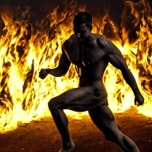 Image similar to a muscular man walking through flames. His skin is charcoal. His eyes are coals. His bones are exposed