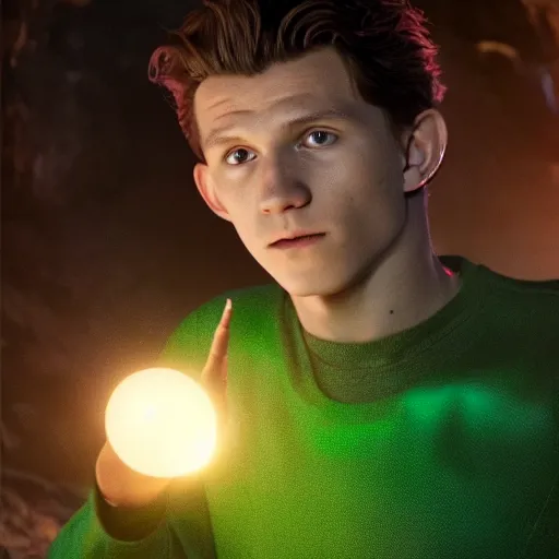 Prompt: Tom Holland wearing a green tunic holding a small glowing red magical orb with electrical bolts emitting from it. In an icy cave. Trending on Artstation octane render ultra detailed art by Ross tran