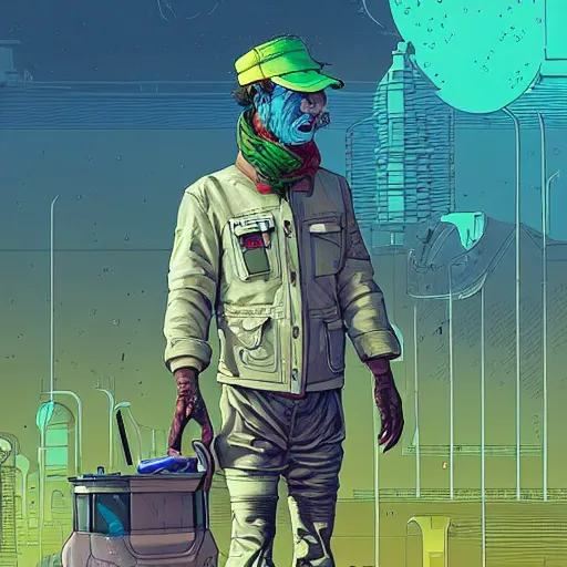 Image similar to A solarpunk farmer cyborg on the street of a solarpunk city art by Josan Gonzalez, sci-fi, highly detailed, digital painting, artstation, smooth, sharp focus, illustration, concept art by Josan Gonzalez and James Gurney and Mœbius