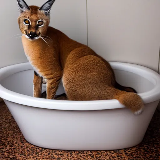 Prompt: caracal, big floppa, sitting in a bathtub, bathroom, Instagram photo, 4K