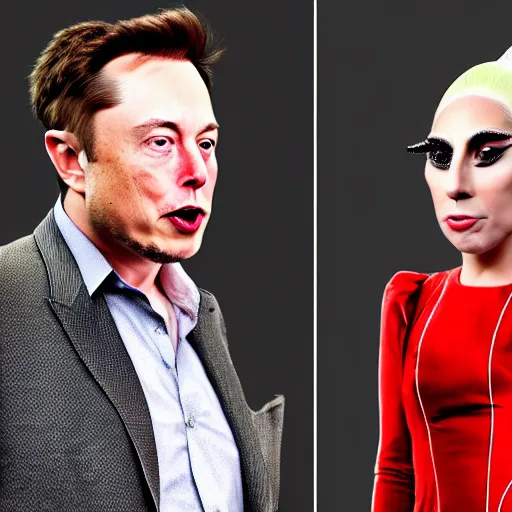 Prompt: 4 k highly detailed portrait face photography of elon musk yelling at his employees wearing a dress from lady gaga