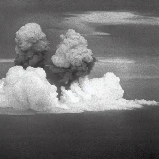 Prompt: cinematic photo of hundreds of zeppelins clustered around an active volcano on an island