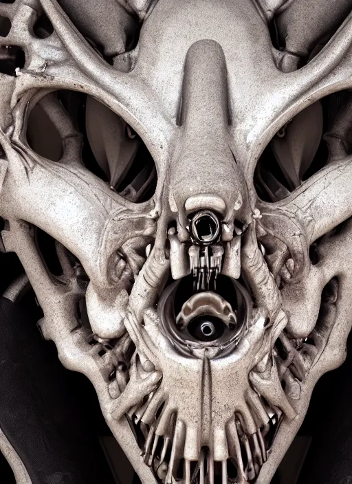 Image similar to a close up of a creepy looking biomechanical animal head face portrait, gigeresque cyberpunk art by ikuo hirayama, photorealism, octane render, behance hd, polycount