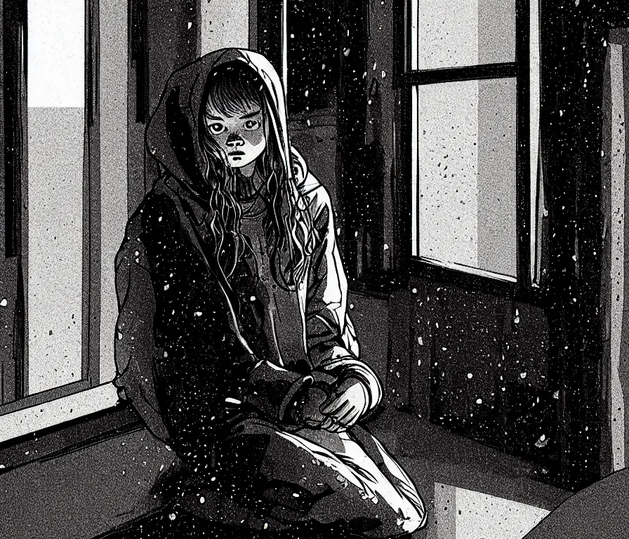 Prompt: sadie sink in hoodie sits on windowsill, knees tucked in | rain falls at night : storyboard, scifi cyberpunk. by gabriel hardman, joe alves. cinematic atmosphere, detailed and intricate, perfect anatomy