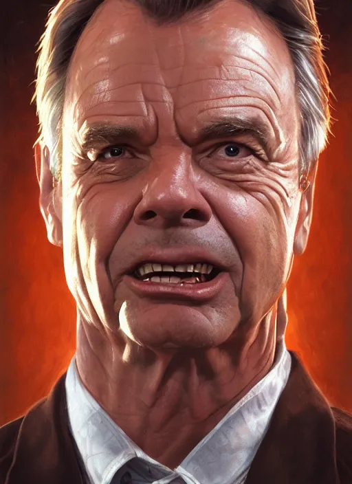 Image similar to portrait of Sam Neill from In The Mouth of Madness (1994), highly detailed, centered, solid color background, digital painting, artstation, concept art, smooth, sharp focus, illustration, Basil Gogos, Joseph Christian Leyendecker, Les Edwards, Ed Repka, WLOP, Artgerm