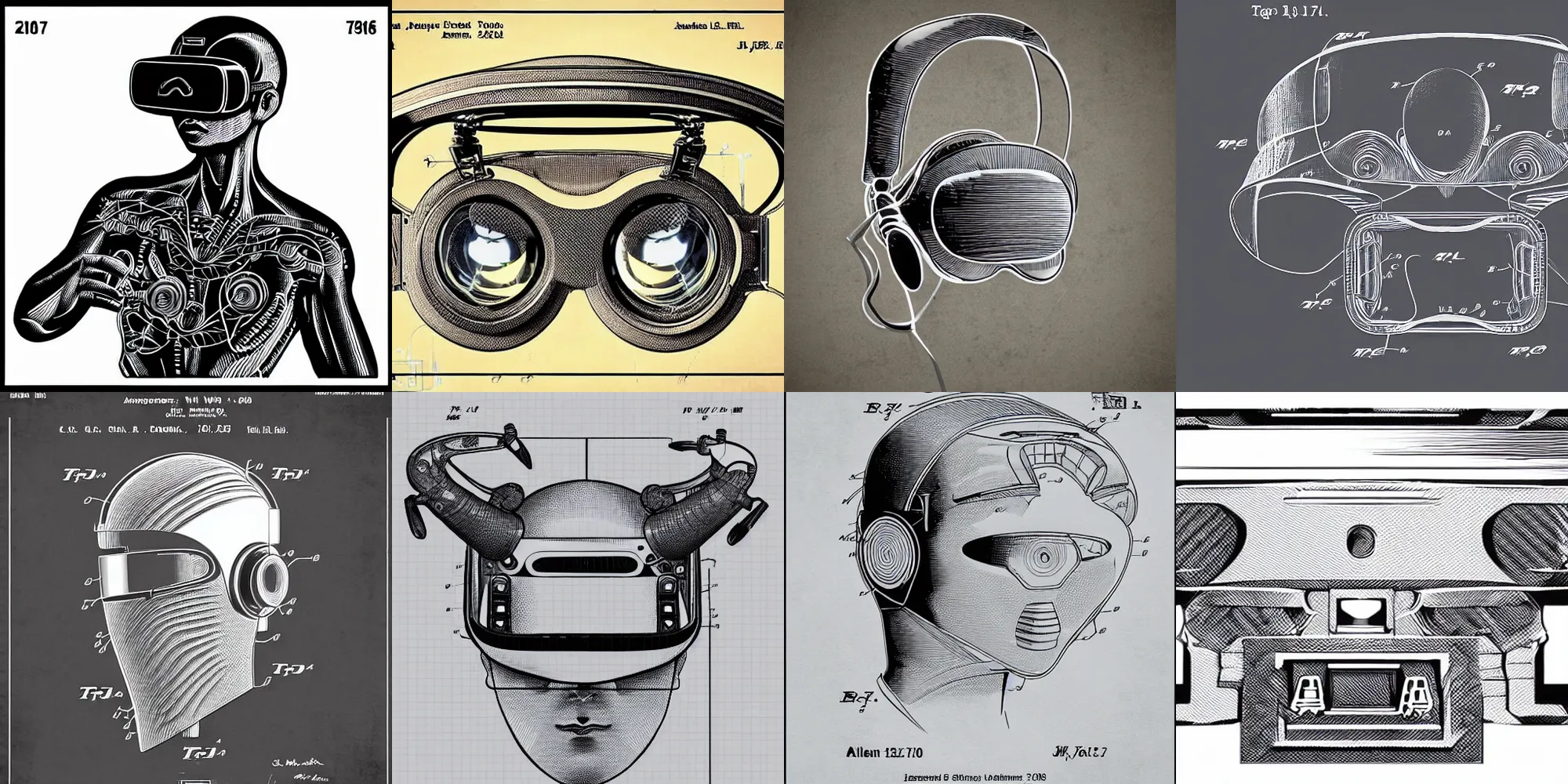 Image similar to a patent drawing of an intricate detailed vr headset from the future, extremely detailed alien technology vr!!! headset, with arrows and side angels