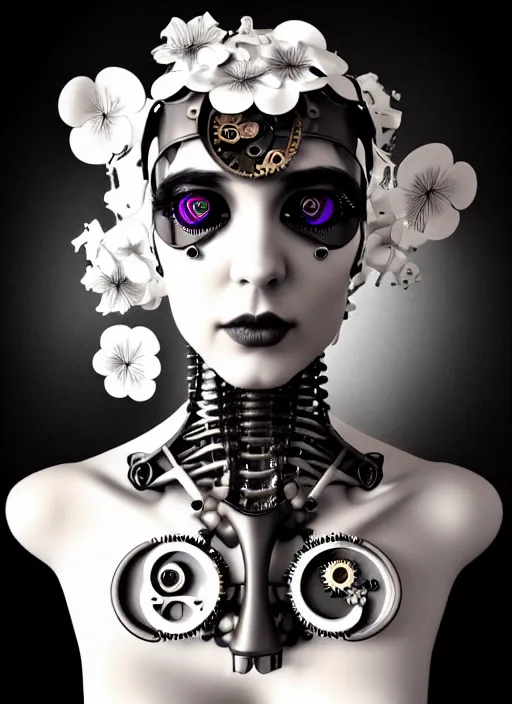 Image similar to 1 9 3 0 black and white gothic masterpiece profile face portrait, one steampunk eye biomechanical beautiful young female cyborg - robot, body ribs meshes, big monocular, volumetric light, hibiscus flowers, by hg giger, rim light, big gothic fashion pearl embroidered collar, 8 k