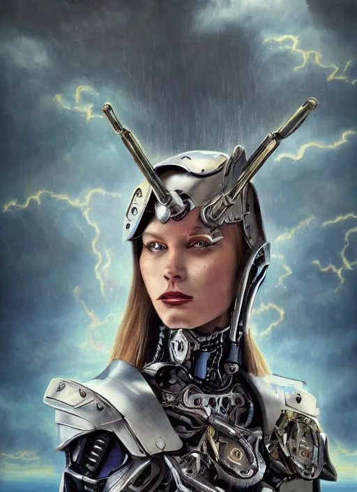 Image similar to symmetry! closeup portrait of a biblical diabolical hunter model girl, fashon cyborg armor, in clouds, cinematic studio light! thunder, rainrops! storm, sunset, by gerald brom, by mikhail vrubel, by peter elson, high contrast, muted colors, extreme detail, mirrors, trending on artstation, 8 k