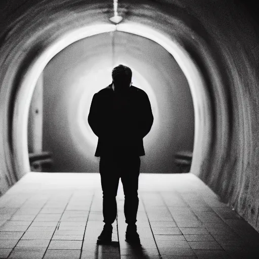 Prompt: a man stands crying at the end of a tunnel, watching as his girlfriend walks away from him forever, cinematography, 85mm f1.8, noir