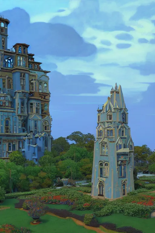 Image similar to view of the mysterious blue tower in its gardens after a storm, tall windows lit up, beautiful ornamental architecture, dramatic cinematic lighting, rich colors, by Nicholas Roerich and William Dyce and April Gornik and Ludwig Deutsch , unreal engine