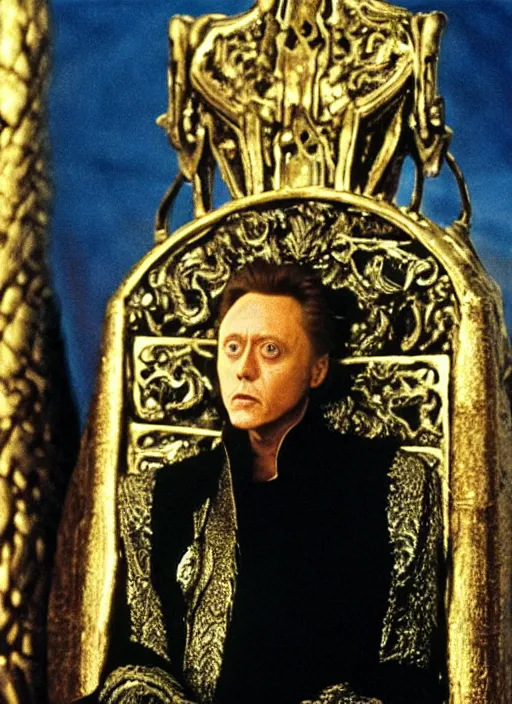 Prompt: film still of christopher walken as the emperor shaddam the fourth in the movie dune part two, full body, golden throne, golden lion, roger deakins