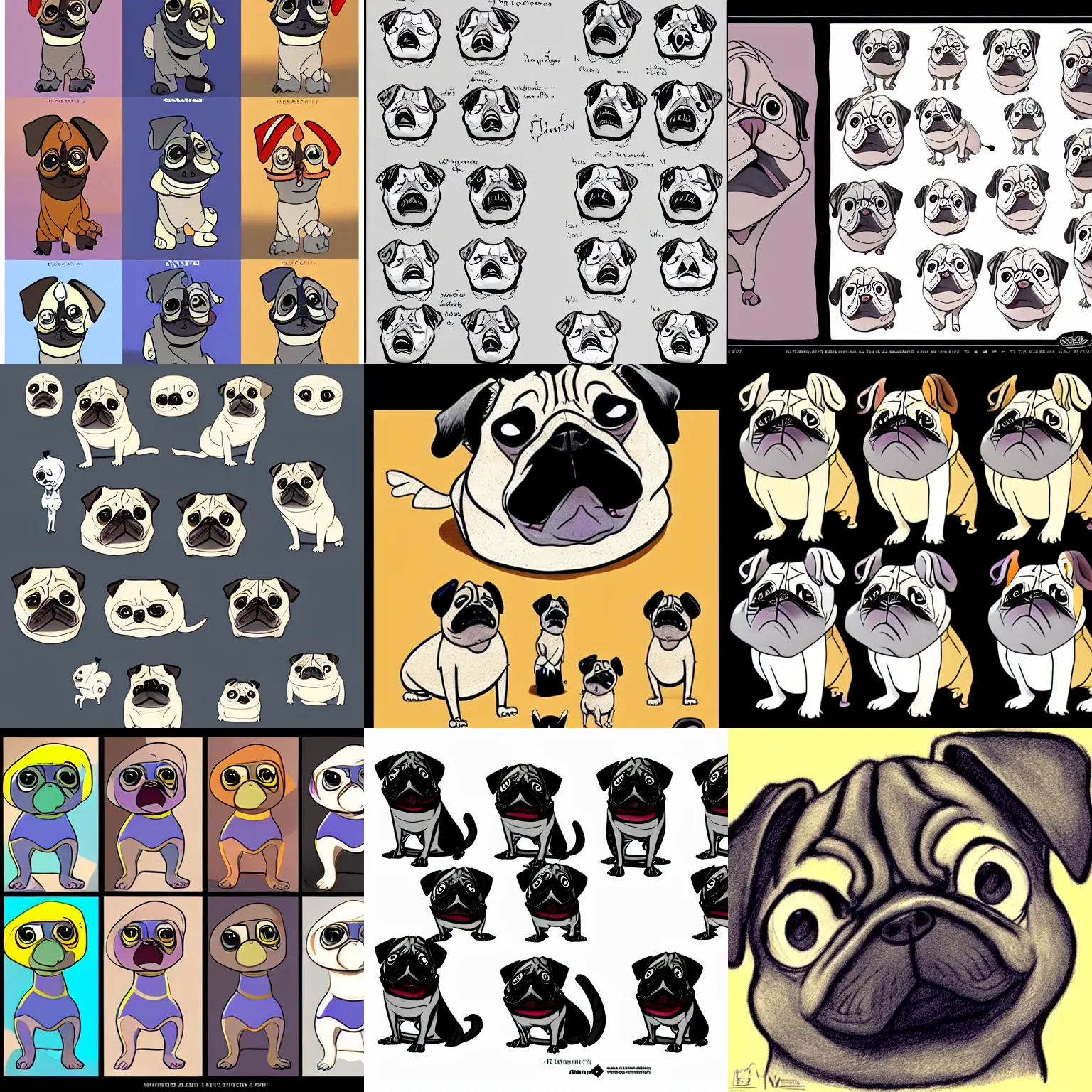 Prompt: character design sheets of a cartoon pug in the calarts art style, art by tim burton, art by vivienne medrano, 2 d, colored pencils, drawing sketches, creative, unique, high quality, real life, cinematic shot
