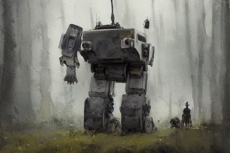 Prompt: watercolor painting of atat robot in scandinavian bog, reflective, fog, ambient lighting, art by anders zorn, wonderful masterpiece by greg rutkowski, cinematic light, american romanticism by greg manchess, creation by tyler edlin, mockup watercolor sketch with bold brushstrokes, smudged and smeared paint, white border edge, white paper corners