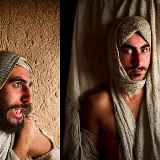 Prompt: Photograph of Surprised 25 year old man with Mediterranean features in ancient Canaanite clothing wakes up in bed, shocked looking at his sleeping wife. Interior ancient tent. 40mm lens, shallow depth of field, split lighting