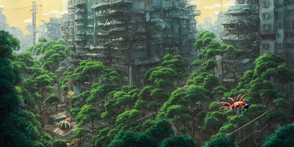 Prompt: a beautiful movie still in the style of Studio Ghibli anime showing a giant scary creature destroying a building in a post-apocalyptic Tokyo overrun with vegetation. Studio Ghibli, award-winning sci-fi, aerial photography, wide angle lens, trending on artstation, trending on behance