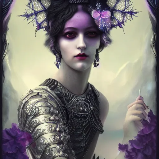 Image similar to tom bagshaw, soft painting fractal curiosities fairy carnival, single beautiful queen in full nightshade gothic armor, accurate features, focus, very intricate ultrafine details, black white purple volumetric clouds, award winning masterpiece, octane render 8 k hd