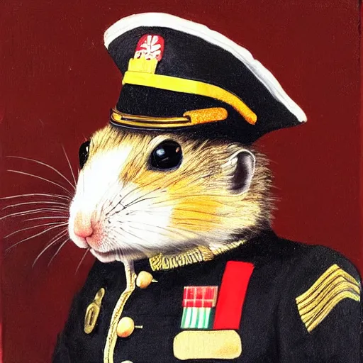 Prompt: portrait of a gerbil in a military uniform, oil painting