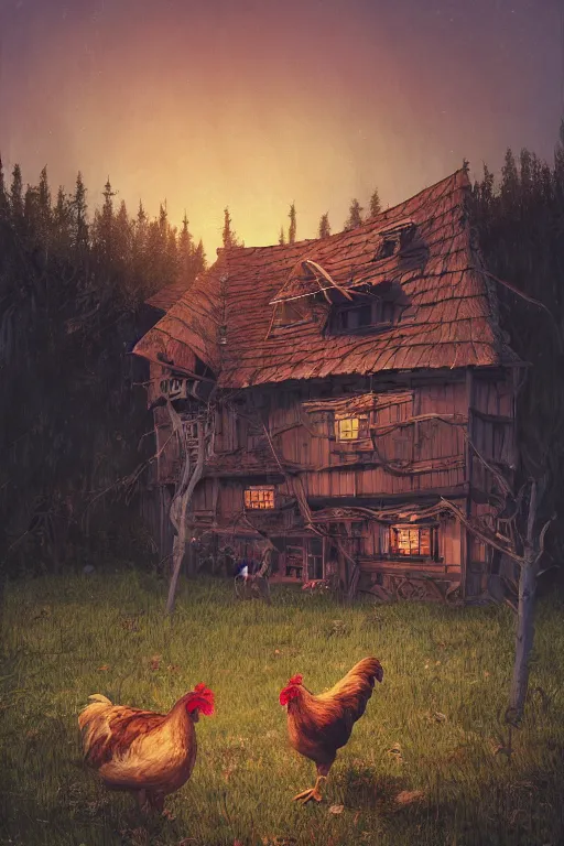 Image similar to an awesome twilight day concept art of old hut with chicken legs, by kengo kuma and wes anderson with village, mixed development, cgsociety, fantastic realism, artstation hq