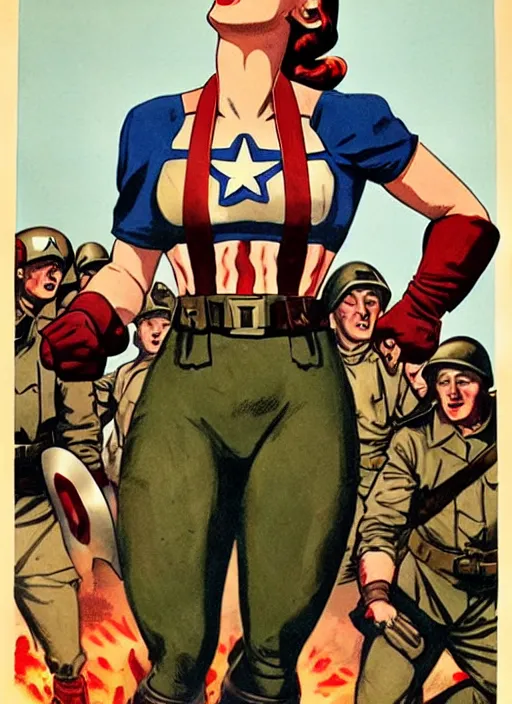 Prompt: beautiful female captain america standing on a pile of defeated, beaten and broken german soldiers. feminist captain america wins wwii. cheering american soldiers. american wwii propaganda poster by james gurney. gorgeous face. overwatch