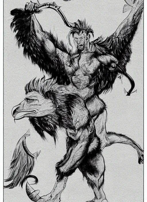 Image similar to a mighty strong creature with the body and eyes of a man, with the beak of an eagle, the mane of a lion, and the horns of an ox. drawn by boris valejo