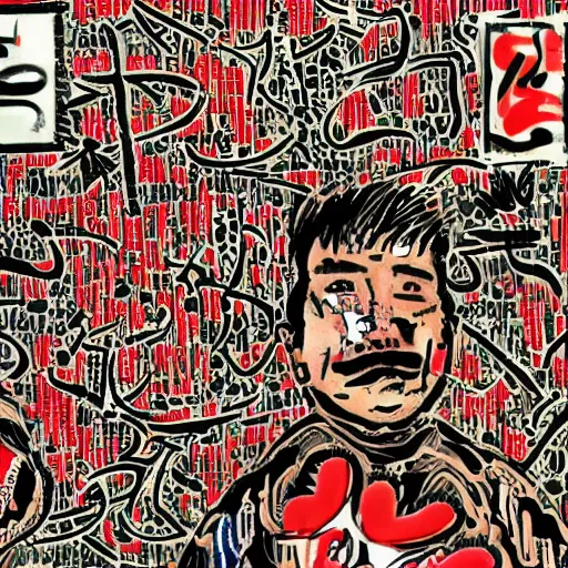 Image similar to uyghur Uighur men in a prison, heart kidney lungs, in the style of daniel johnston and outsider art, 4k, line brush, minimal, overlaid with chinese adverts and mandarin text