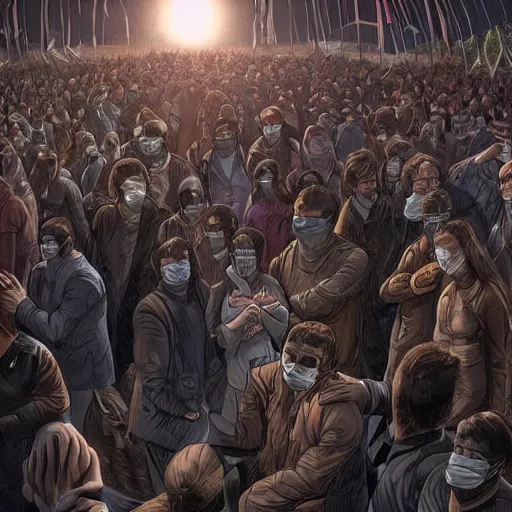 Image similar to Jaws dropped. Heads turned. Eyes widened in surprise as shady eight-eyed men squelched through the crowd and disappeared up into the sky, their faces hidden by masks. The tent is full of people, all staring at the sky above them and waiting for more to come flying out.