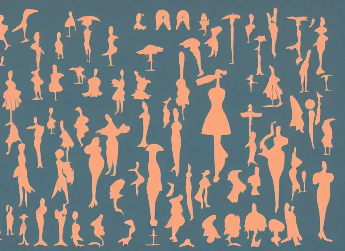 Prompt: character shape design exploration silhouettes of a delicate nubile waifish princess, minimalist mixed media layout from masaaki yuasa ( 1 9 9 7 )