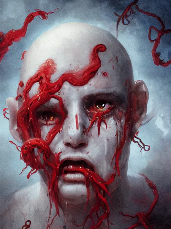 Image similar to painting by greg rutkowski of a flying sorrowful looking human head with tears running down it's eyes, face that is chalk white in color, with long sprawling white tentacles stemming down it's neck, fiery scorching red eyes, flying in a terrying hellish dark cavernous place