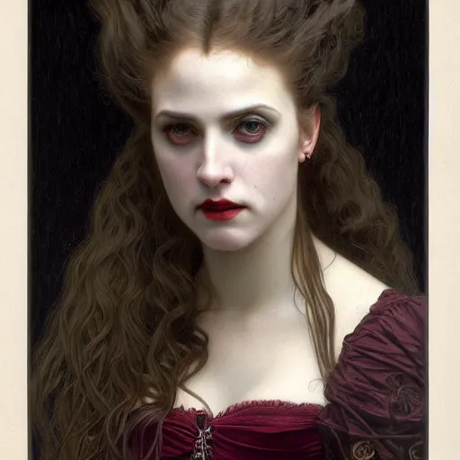 Image similar to portrait of a lady vampire, 35mm, 1800s, depth of field, DOF, ominous, sharp, highly detailed, photorealistic, realistic, unreal 5, high definition, 8k, deviantart, donato giancola, irwin penn, Alphonse Mucha