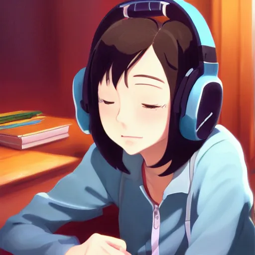 Image similar to Anime painting of a black haired girl wearing headphones while studying in her warm cozy home, by makoto shinkai, relaxed, calm, atmospheric, trending on artstation, kimi no na wa