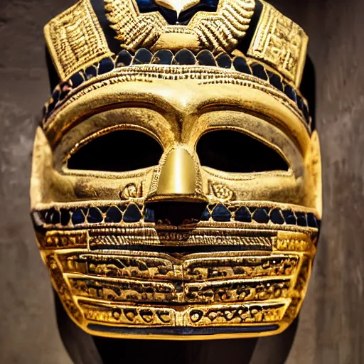 Image similar to traditional gold aztec mask with studded inlay jewels in a museum with spot lights, realistic, photography, photojournalism, national geographic photoshoot