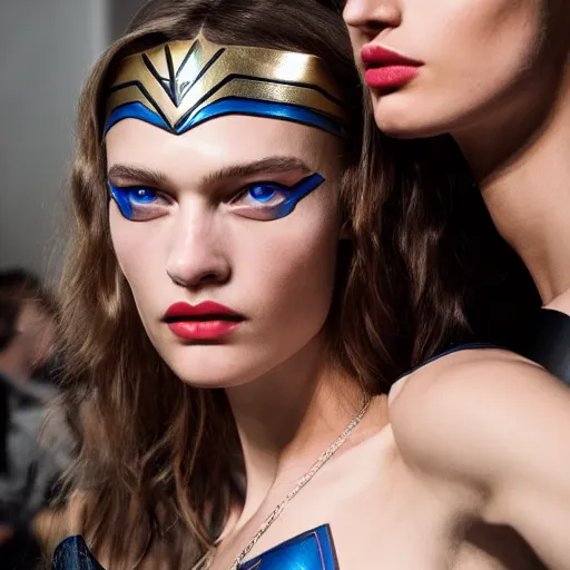 Prompt: A beautiful portrait of Daria Strokous as Wonder Woman and a model at Maybelline fashion show as a model Spring/Summer 2018, highly detailed, in the style of cinematic, Milan fashion week backstage, Extreme close up, Makeup by Pat McGrath, Hair by Guido Palau, Greg rutkowski
