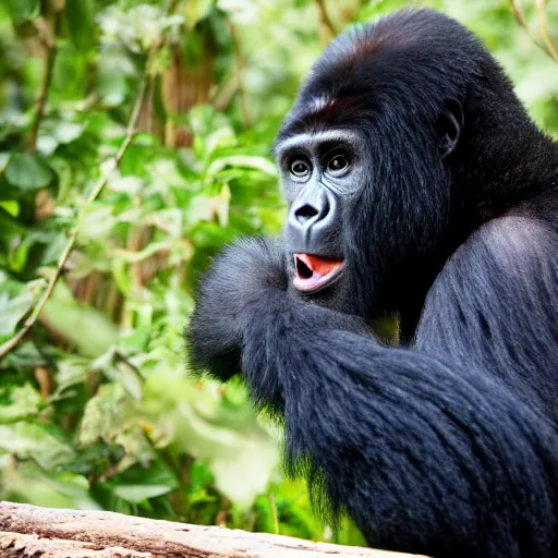 Prompt: mountain gorilla laughing while punching camera man