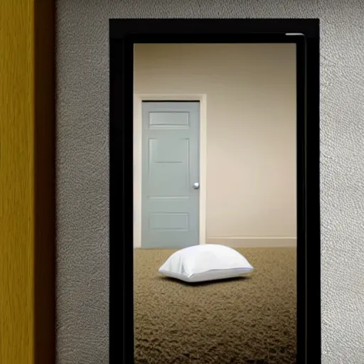 Image similar to Security camera photo of 2 flying pillows, photo was taken in front of someone door, realistic, low resolution.