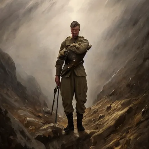 Image similar to a dramatic epic ethereal portrait of a German WWII soldier, full body with dynamic pose, male, detailed face, cinematic lighting, highly detailed oil on canvas painting by Greg Rutkowski, winning-award digital art trending on Artstation H 1024 W 832