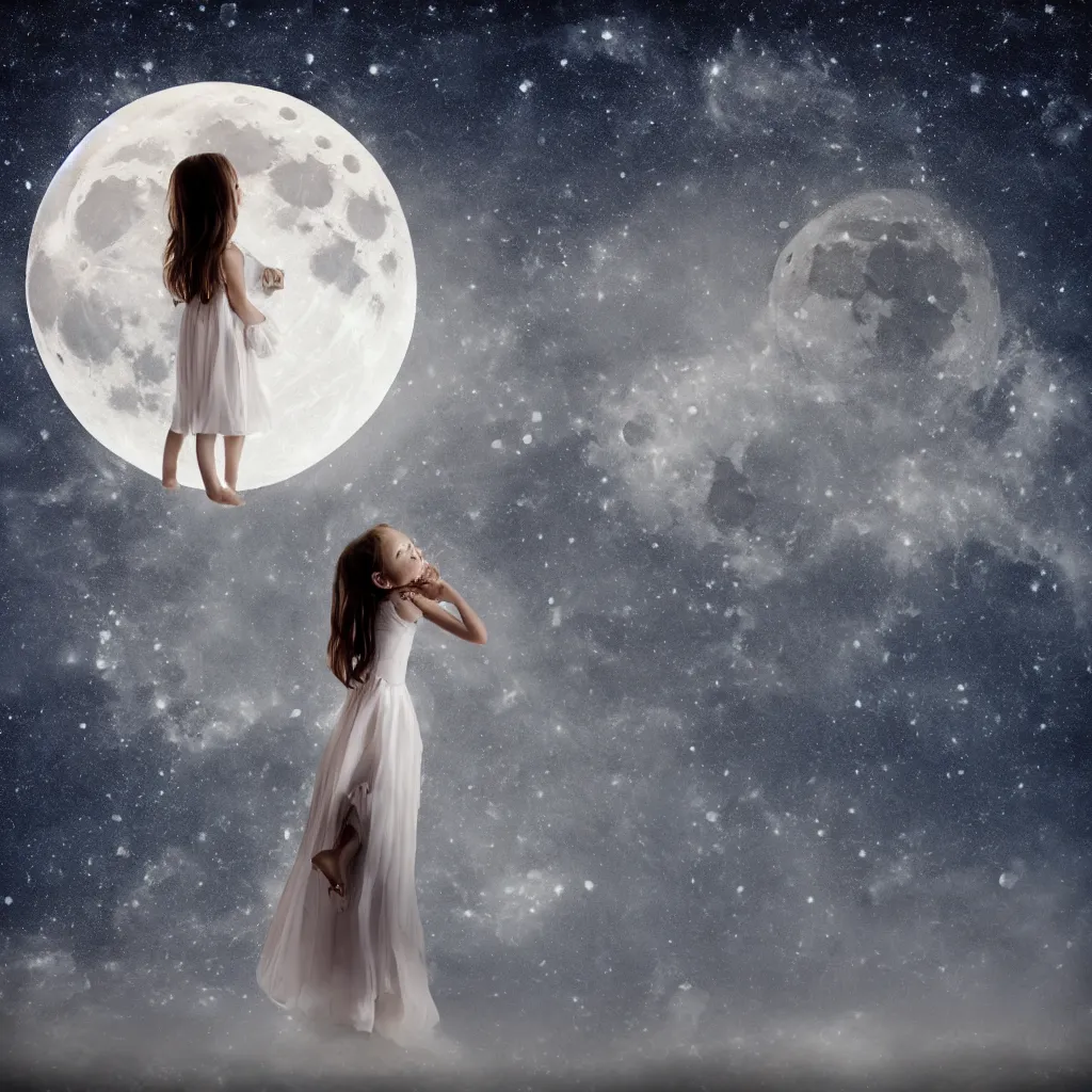 Image similar to girl hugs the moon, dress, realistic, night, light