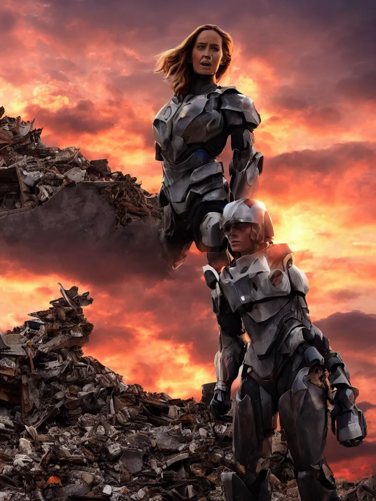 Prompt: solitary heroic figure, emily blunt wearing futuristic power armor, standing atop a pile of rubble, sunset and huge cumulus clouds behind her