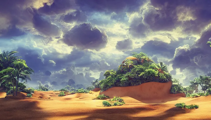 Prompt: beautiful stunning amazing slightly cloudly sky with various differently colored floating islands made of dirt and sand and stone with many varied rainforest forest desert plants and few little animals, landscape, fantasy, wide angle, sharp image, cinematic, concept art, 3d, photorealistic render, octane render, blender cycles, unreal engine, raytracing, volumetric light, photoshop, lightroom, digital art, trending on artstation