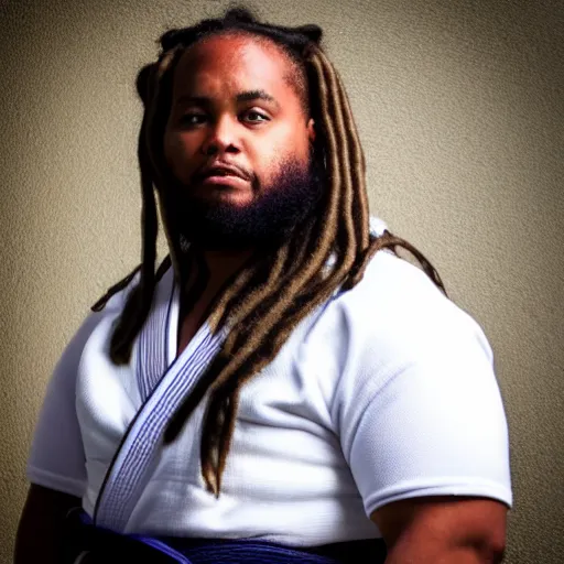 Image similar to photo of chubby black bjj athlete with long dreads posing, serious face, white belt