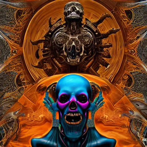 Prompt: gigantic skull of evil screaming, metal, perfect symmetry, mandala, fantasy painting, ultra realistic, wide angle, art nouveau, intricate details, digital painting, rainbowshift, vivid colors, highly detailed by peter mohrbacher, h. r. giger, maxfield parrish, craig mullins, octane render, cgi