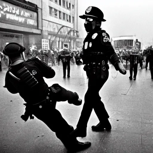 Prompt: a riot cop beating a clown, leica m 9, voigtlander 3 5 mm, 1 9 6 0 s