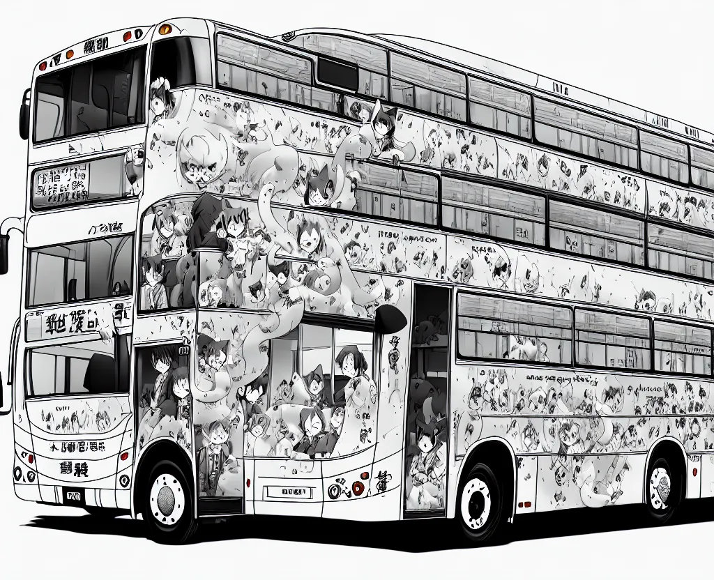 Image similar to Cat transformed into a bus, in the style of Manga, Eichiro Oda, hyper detailed, UHD, 8K details