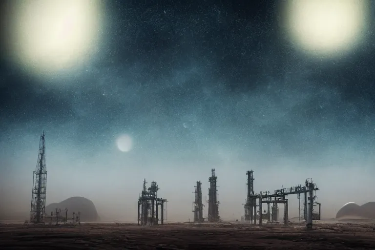 Prompt: landscape photography alien dust planet with sandstorm and oil rigs with multiple moons in the starry space skyline. men working seem small. sense of scale. huge futuristic grungy industrial buildings