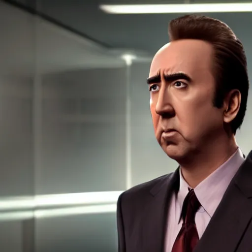 Image similar to nic cage as phoenix wright, ave attorney, movie still, hd digital photography