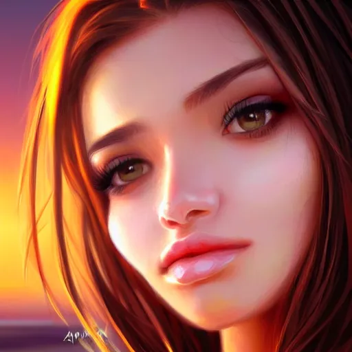 Prompt: portrait of beautiful woman on the beach, brown eyes, sunset, highly detailed, bokeh, trending on art station, digital painting by, artgerm.